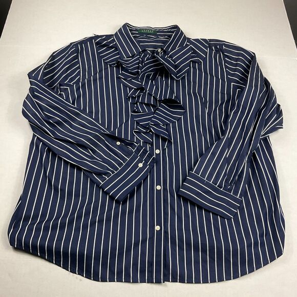 Lauren Ralph Lauren Ruffled Button Down Shirt Striped Preppy Work Top 2X/3X FLAW - Picture 1 of 10